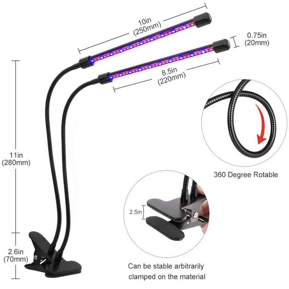LED Grow Light, Dual Head Clip Lamp dimensions and specifications
